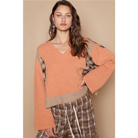 POL V-Neck Long Sleeve Plaid Contrast Top with Texture Knit Detail - Picture 1 of 4